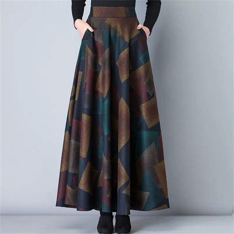 Vintage A-Line High Waist Woolen Skirts Autumn Winter Fashion Women's Wool Maxi Female Casual Long Streetwear 210621