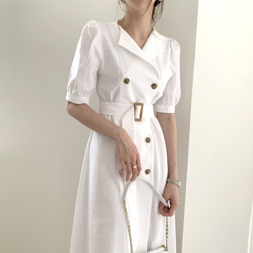 Work Chic Summer Dress Women OL Elegant Vintage Lapel Double-breasted Lace-up Puff Sleeve Slim Office Dresses 210421