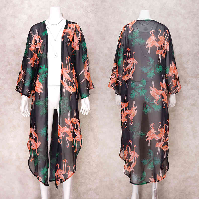 Green Flamingos Boho Printed Chiffon Bikini Cover-ups Plus Size Beach Wear Kimono Dress Women Summer Swimsuit Cover Up A789 210420