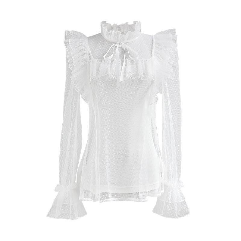 Dabuwawa Autumn Sexy Mesh Blouse Women Ruffle Long Sleeve Bow Neck Sweet Solid Shirts Tops Female Slim Fit DT1CST026 210520