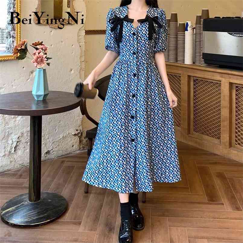 Elegant Kawaii V-neck Dresses Womens Printed Sashes Sweet Vintage Short Sleeve Chiffon A Line Vestidod Female Clothes 210506