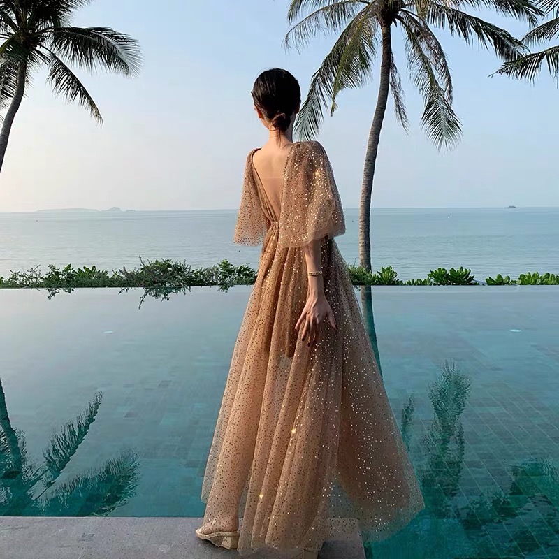 vintage sequined v-neck party A-line mesh dress short butterfly sleeve spring summer dinner dresses vestidos chic paris 210421