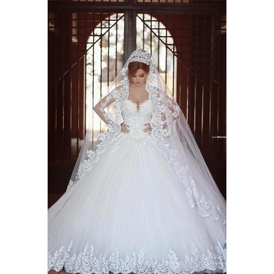 Long Sleeves Saidmhamad Lace Applique Crystals Ball Gown Wedding Dresses Chapel Train Amazing New Bridal Gowns s