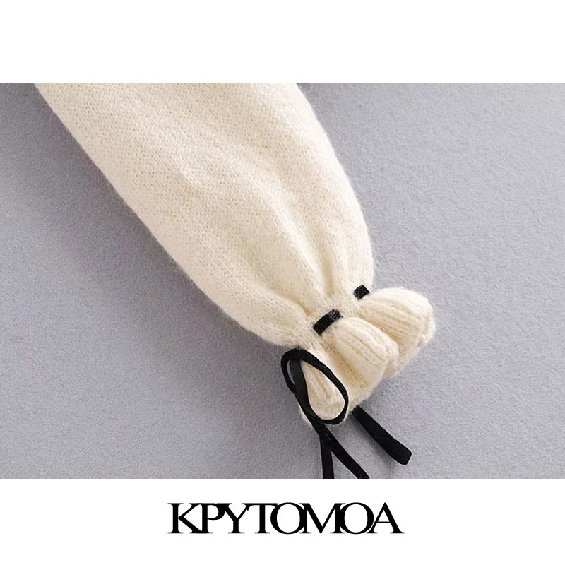 Women Fashion With Bows Hollow Out Knitted Sweater High Neck Long Sleeve Female Pullovers Chic Tops 210420