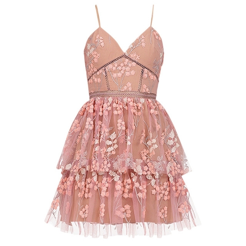 

arrive Pink Floral-embellished Lace Dress Spaghetti Strap Backless Layered mesh Mini Women 210525