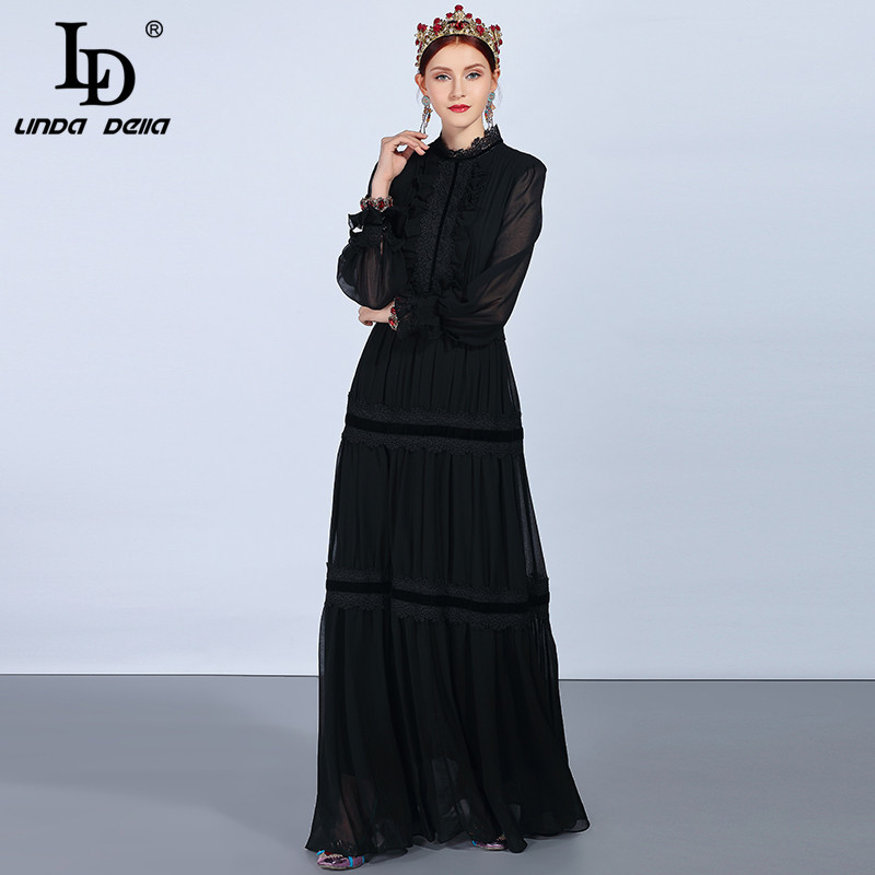 LD LINDA DELLA Fashion Runway Maxi Dresses Women's Long Sleeve Lace Patchwork Ruffles Vintage Black Dress Elegant Party Dress 210409