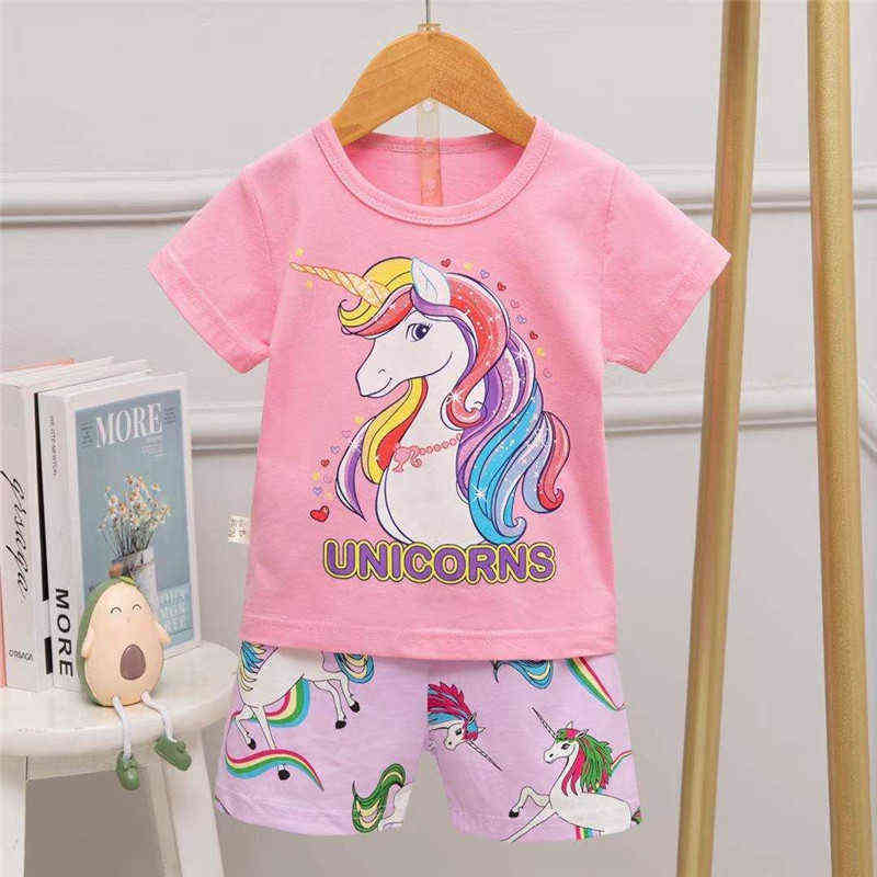 Baby Unicorn Pyjamas Suit Toddler Boys Dinosaur Underwear kids Short Sleeves Pjs Cute Cartoon Sleeping Clothes For Girls Summer 211130