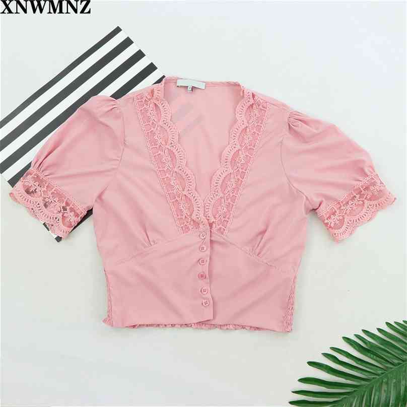 women sweet Casual Woman Deep V neck Lace Splicing Short Shirt Crop Tops Fashion Lady Puff Sleeve Slim Blouse haut tops 210520, Pink
women sweet Casual Woman Deep V neck Lace Splicing Short Shirt Crop Tops Fashion Lady Puff Sleeve Slim Blouse haut tops 210520, Pink