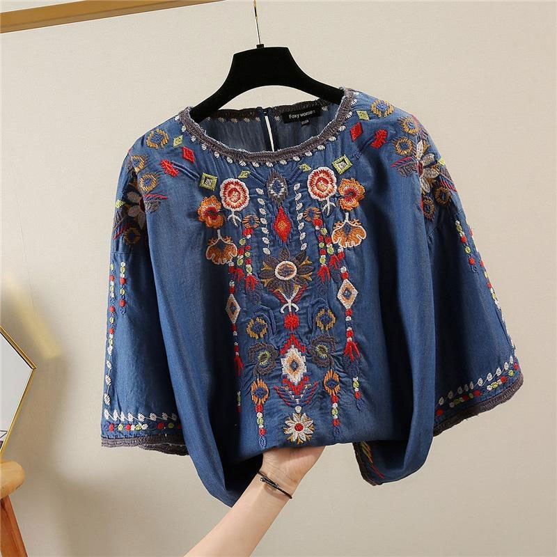 Summer Arts Style Women Half Sleeve Loose O-neck Tee Shirt Femme Tops Vintage Embroidery Cotton Denim T-shirt V33 210512