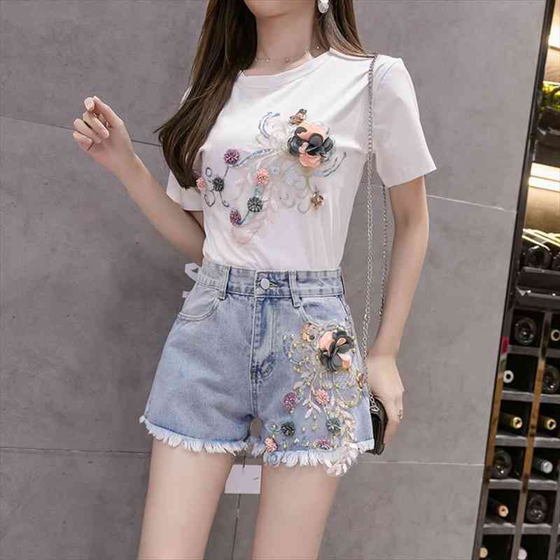 summer women sets fashion short sleeve t-shirt and jeans shorts two-piece set female embroidery 3d flower casual suits y230, Gray
summer women sets fashion short sleeve t-shirt and jeans shorts two-piece set female embroidery 3d flower casual suits y230, Gray