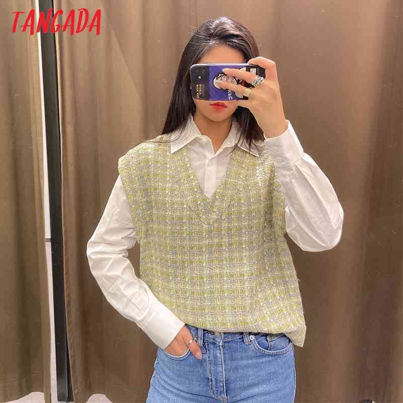Women Retro Green Plaid Tweed Patchwork Blouse Long Sleeve Chic Female Shirt Tops 6H3 210416