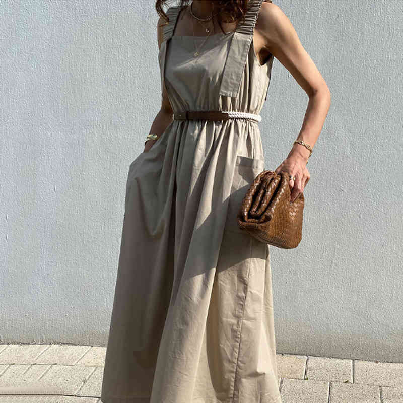 Nomikuma Korean Pleated Tank Dress Causal Pockets A-line Vestidos Femme Belt Slim Waist Sleeveless Square Collar Dresses 6H367 210427