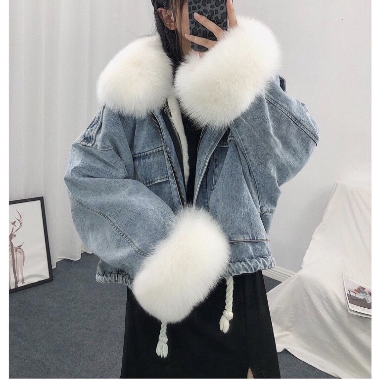 Parka Denim Jacket Women's Winter Fur Collar Big Pocket Long Sleeve Plush Large Size Coat Female 5A1362 210427