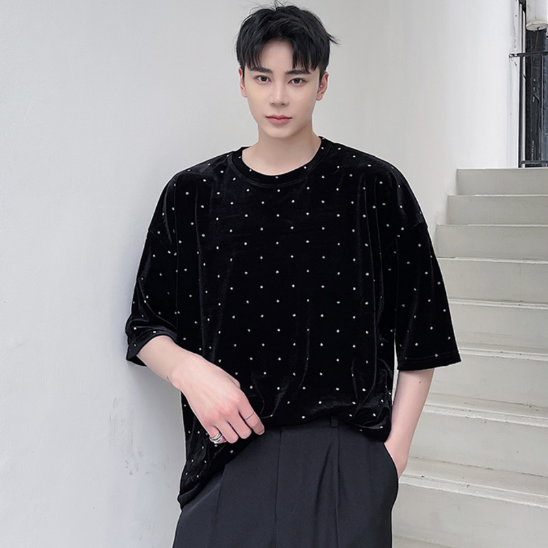 IEFB Men's Summer Black Velour Short Sleeve T-shirts Round Collar Drilling Dot Causal Tee Tops For Male 9Y7028 210524