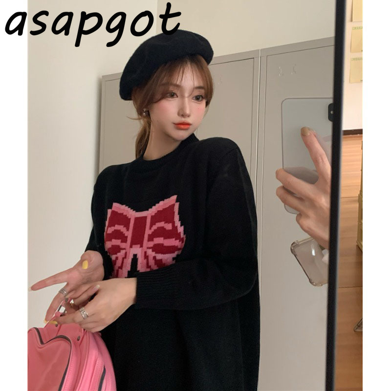 Black Bow Pullovers Knitted Sweater Women Casual Vintage O Neck Long Sleeve Loose Mid-length Print Love Heart Knitwear Tops Pull 210429