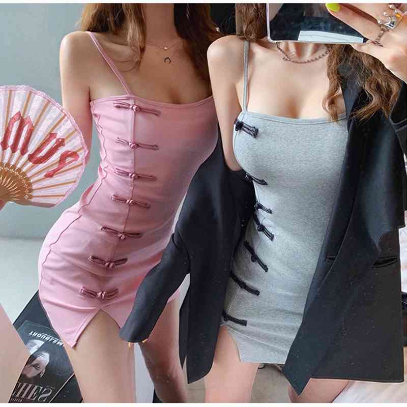 Summer Fashion Women Chinese Style Mini Dress Bow Cheongsam Sexy Cami Suspenders Vintage JTBR 210603