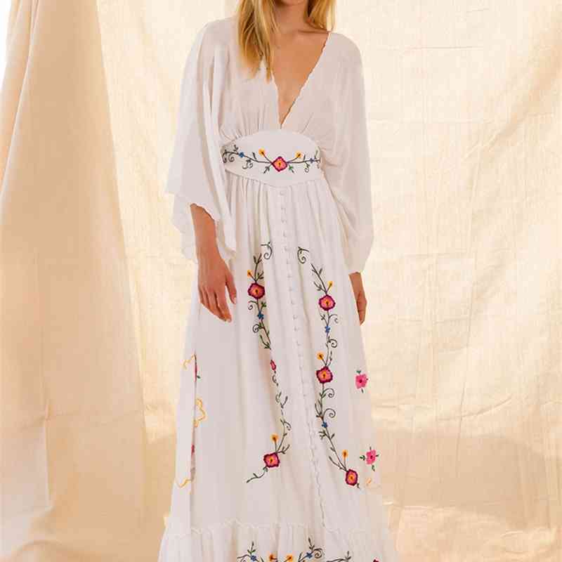 Bohemian Long Kimono Dress Floral Embroidery Vestidos Batwing Sleeve white Boho People Maxi es 210520