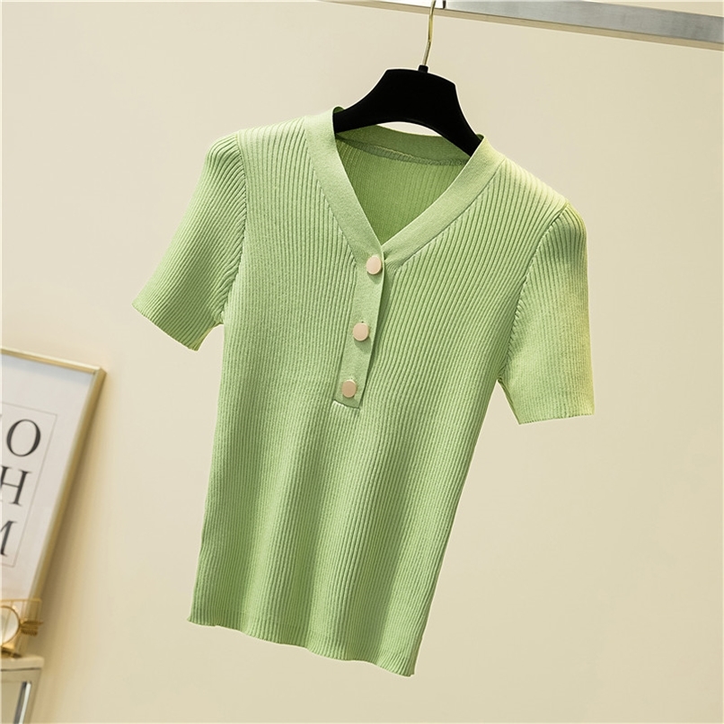 Summer All-macthing Thin Knitted Tshirt Women's Tops V-neck Button Deco Short Sleeve Stretch Slim Pullover Jumpers 210602, Green
Summer All-macthing Thin Knitted Tshirt Women's Tops V-neck Button Deco Short Sleeve Stretch Slim Pullover Jumpers 210602, Green