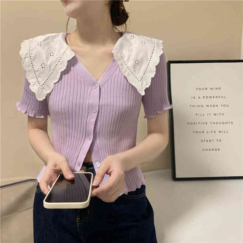 Summer Knitted Cardigan Tops Women Short Sleeve Lace Collar Sweater Korean Elegant Ladies Jumpers Femme 210519