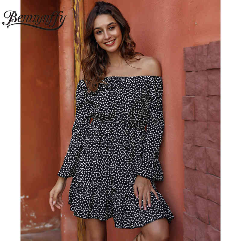 Sexy Off the Shoulder Ruffle Hem Dresses Women Spring Summer Holiday Beach Female Print Long Sleeve Tunic Mini Dress 210510