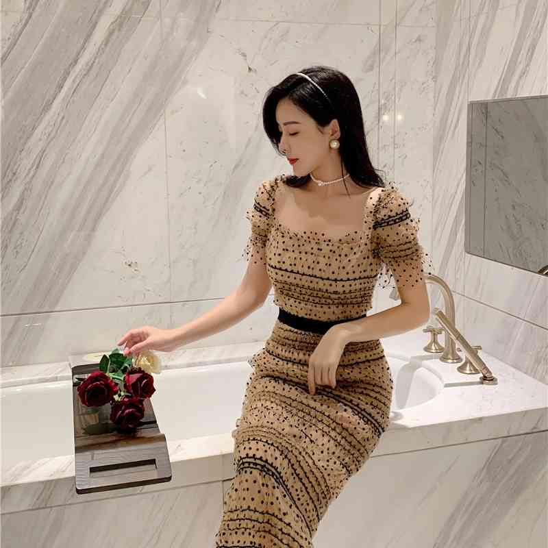 Summer Short Sleeve Self Portrait Dress Women Square Collar Sexy Mesh Polka Dot Bodycon Runway Vestidos 210520