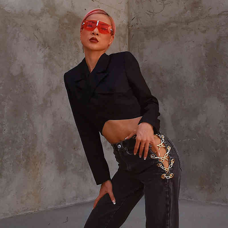 Sexy Black Cross Blazer For Women V Neck Long Sleeve Backless Short Tops Female Autumn Fashion Clothing 210524