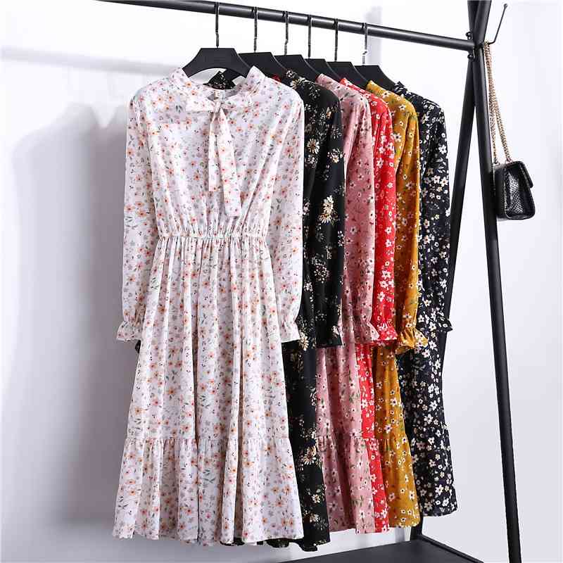 Fashion Woman Dresses Summer Autumn Chiffon Floral Print Women Long Sleeve Elegant Vintage 1945 50 210508