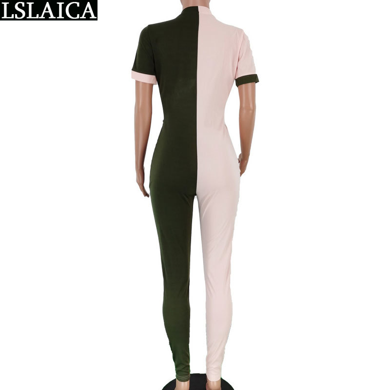 jumpsuits for women two color patchwork slim fashion zip decorated hollow out short sleeve bodysuit sport 210520