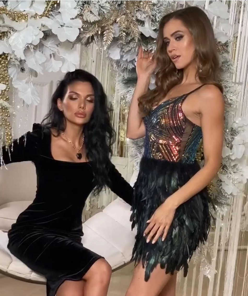 Summer Women'S Spaghetti Belt Feather Mini Dress Sexy V-Neck Sequin Party Celebrity Runway Club 210525