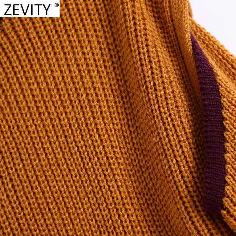Zevity Women Fashion Oversleeve Two Wear Short Knitting Sweater Female Chic O Neck Patchwork Pullovers Crop Tops SW817 210603