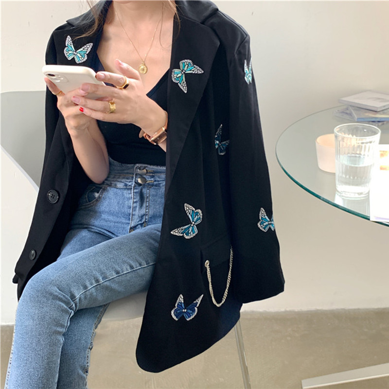 OL Fashion Single-breasted Butterfly Embroidery Blazer Coat Women Elegant Tops Notched Suit Jacket Loose Blazers 210421