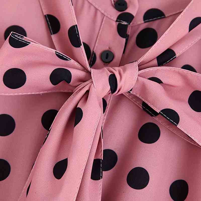 Polka Dot Print Women Shirt Dress Bow Tie Collar Long Sleeve Pleated Dress Vintage Ladies Midi Office Dresses Vestidos 210414