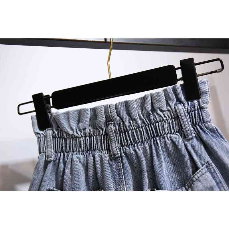 Summer Two Piece Set Woman Stripe knit Flare Sleeve T-Shirt Top + High Waist Denim Short Female Fashion Suit 210519