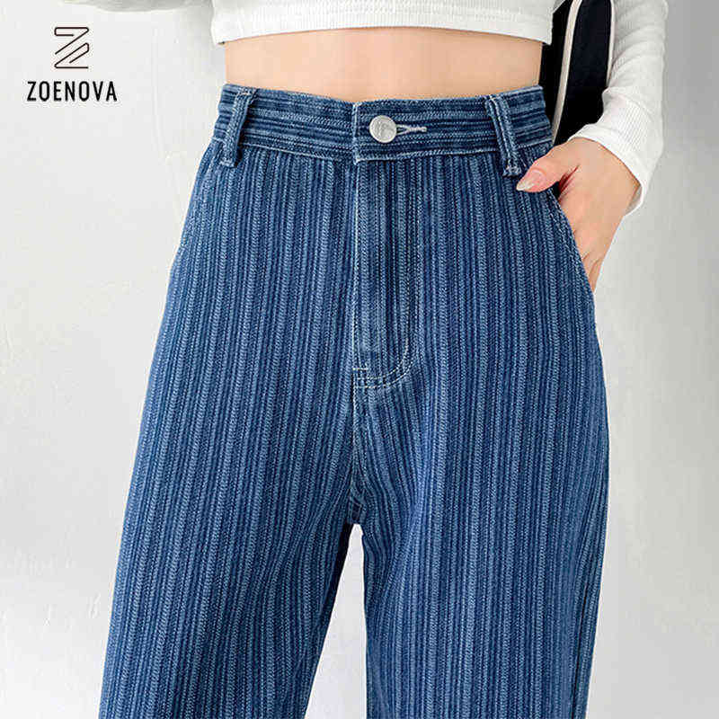 Jacquard Blue Women Pants Casual Striped Retro Basic Straight Loose Plus Size Jeans Y2K Fashion Trendy Ladies Trousers 211129
