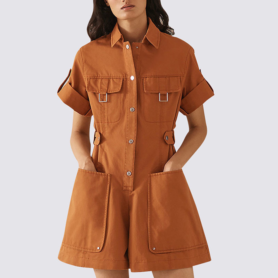 Free Women Jumpsuit Casual Lapel Short Sleeve Big Pocket Back Elastic Band Fashion Workwear 210524