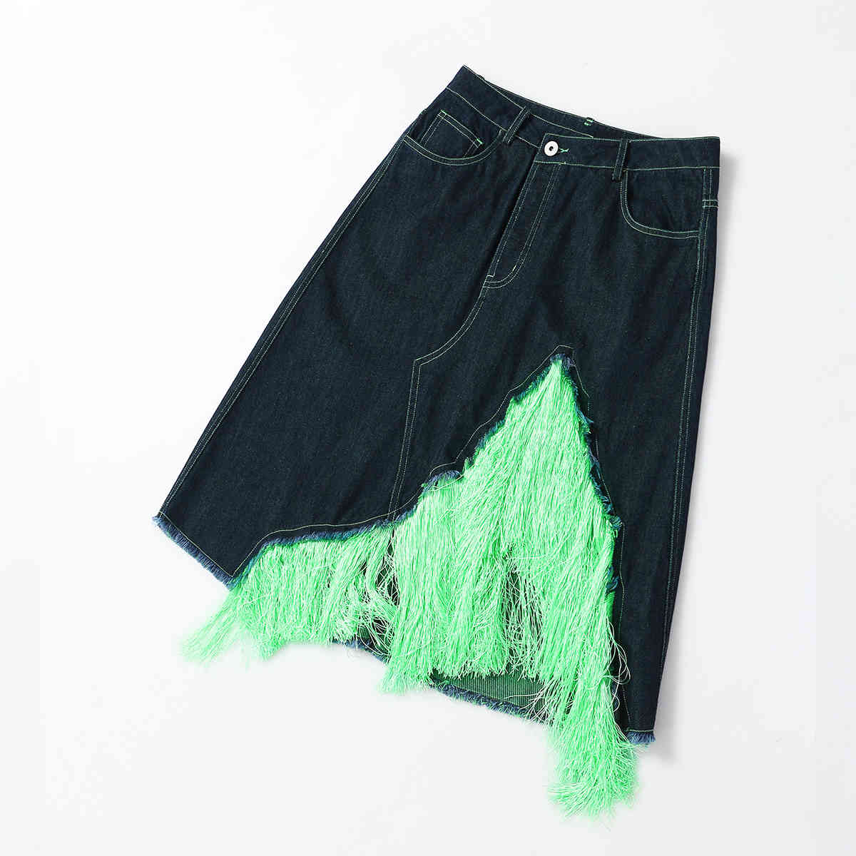 DEAT New Spring Summer Fashion Casual Sleeveless Single Breasted Slim Green Tassel Vest Skirt Denim Two Piece Set SJ942 210428