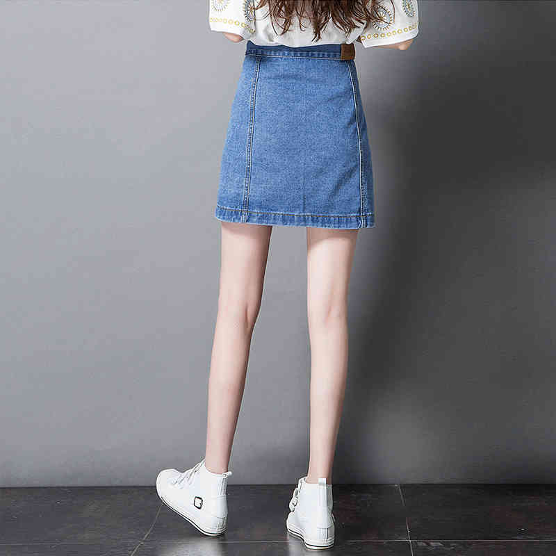 High Waisted Embroidered Denim Skirt for Women Button Straight Office Lady Elegant Knee Length Harajuku s 210428