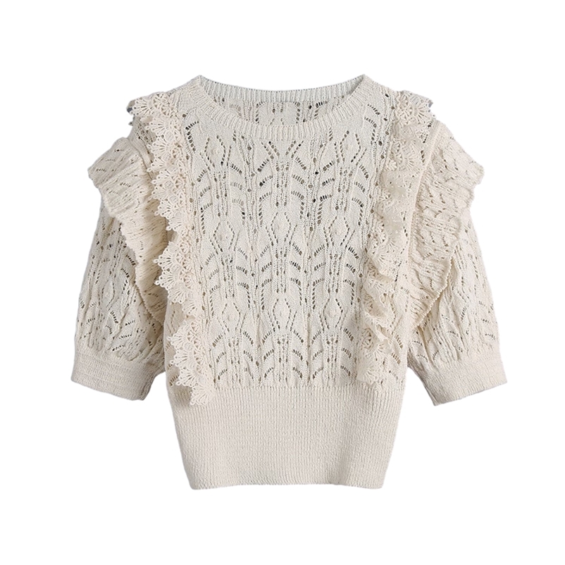 Sweet Women O Neck Beige Blouse Spring-autumn Fashion Ladies Casual Cute Vintage Female Layered Knitted Shirt Top 210515