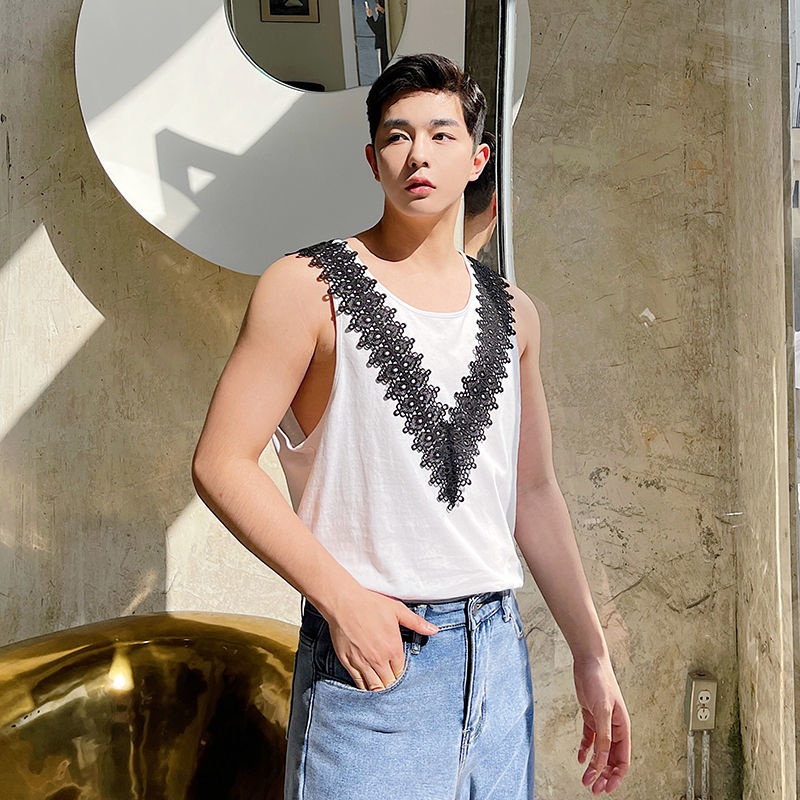 IEFB Summer Causal Tank Tops For Men Personalized French Court Lace Vest Black And White Contrast Color Tee Tops 9Y7559 210524