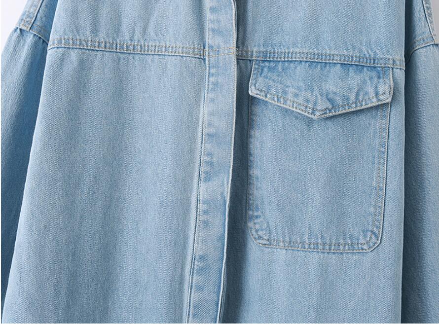 Autumn Blue Denim Long Shirt Vintage Woman Sleeve Single-breasted Blouse Single Pocket Maxi Femme Blusas Tops 210429