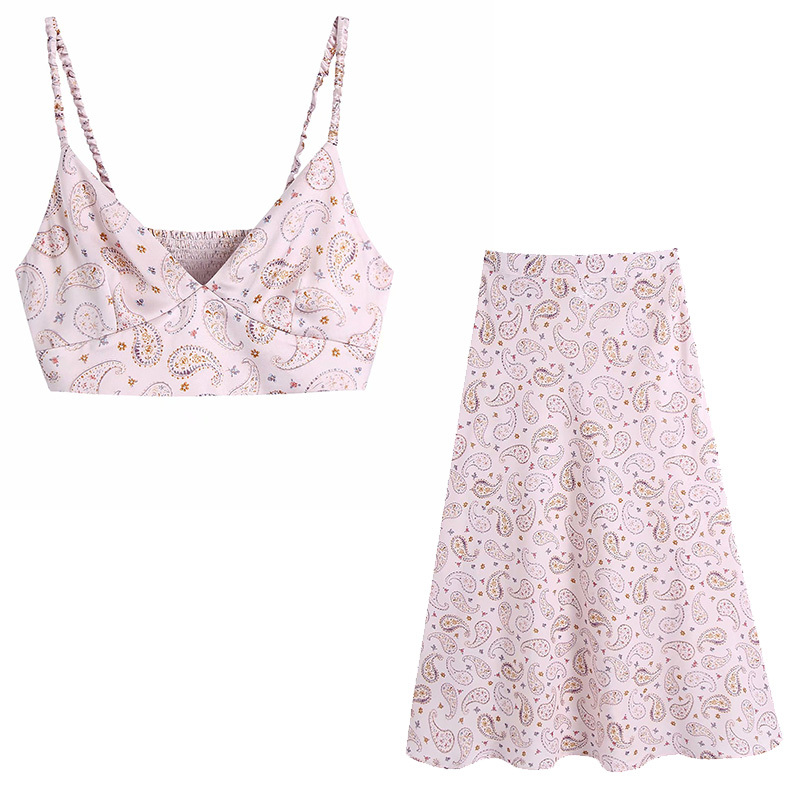 Women 2 Pieces Set Printed Copped Camisole and Midi Skirts Suit Fashion Casual Chic Lady Woman Tops & suit 210517