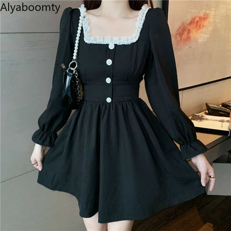 Japanese Autumn Women Mini Lolita Dress Square Collar With Lace Pink Plaid Beading Dress Flare Sleeve Cute Kawaii Feminine Dress 210729