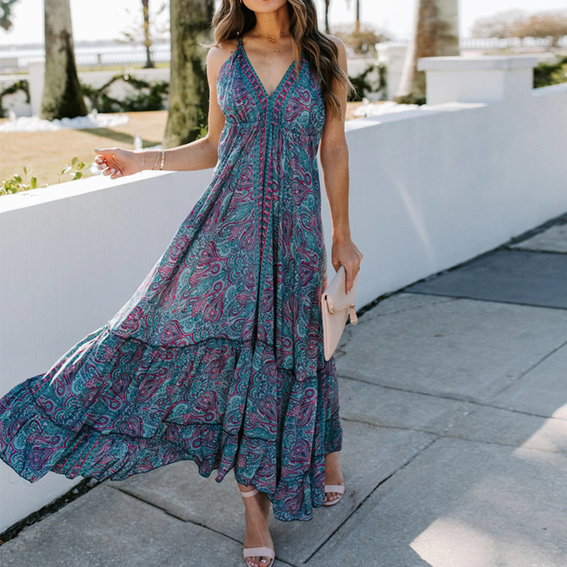 Women Dress V-neck Sleeveless Printing Beach Style es Plus Size Vintage Sexy Long Summer Fashion 210513