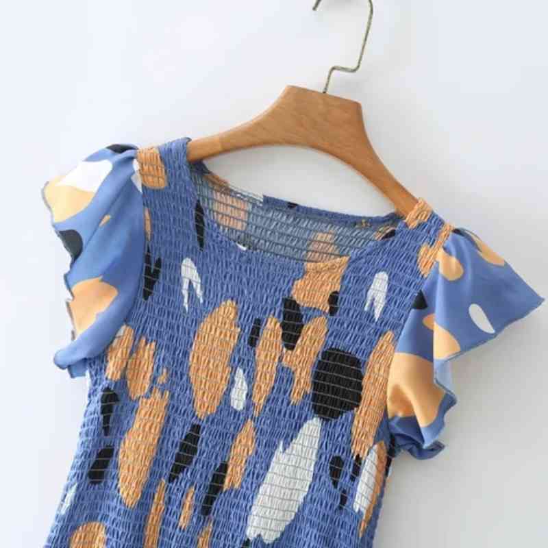 Summer Women Elegant Print Elastic Bust Midi Dress Female Butterfly Sleeve Clothes Casual Lady Loose Vestido D7779 210430