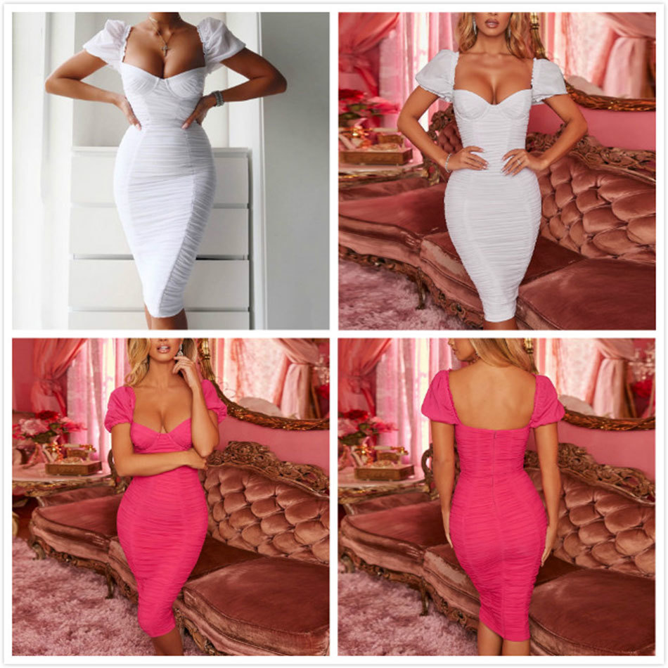 Free Summer Women's Midi Dress Sexy Square Neck Puff Sleeve Mesh Draped Bodycon Club Party Vestido 210524