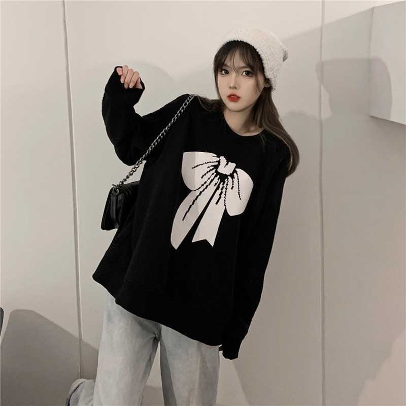 Black Bowknot Printed Long Sleeve Sweatshirt Causal O-neck Women Hoodies Spring Top Jumper 6F167 210603