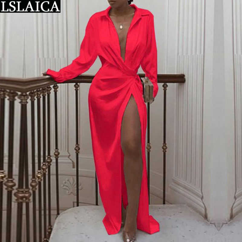 Womens Dresses Turn-down Collar White Geometry Print Streetwear Bandage Dresses Long Sleeve Hollow Out Sexy Hem Split Long Dress 210630