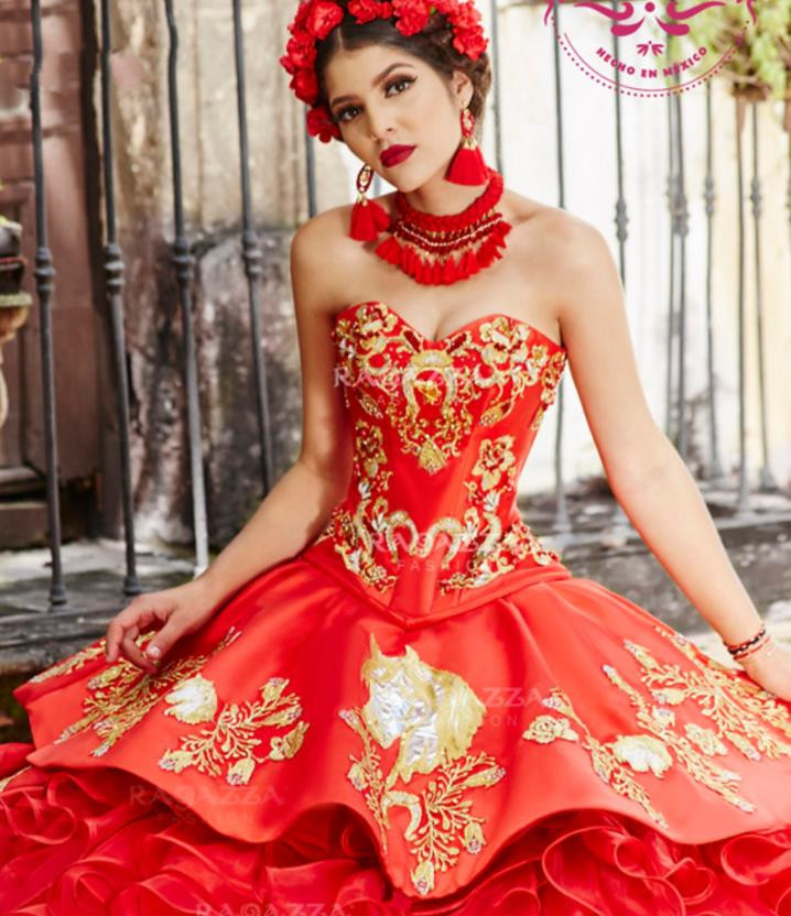 Charro Red Quinceanera Dresses Embroidery Beading Ruffles Skirt lace-up corset Sweet 16 prom Gowns Vestidos De Xv Años