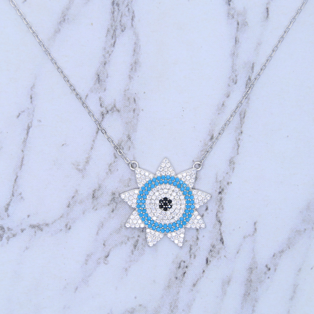 Promotion Silver Color pendant Micro Pave White Blue Nano Turquoises Stone High Quality Sun Pendant Necklace