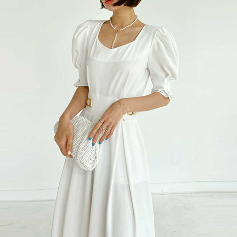 Korejpaa Women Jumpsuits Korea chic French temperament square collar pleated metal ring buckle bubble sleeve jumpsuit 210526